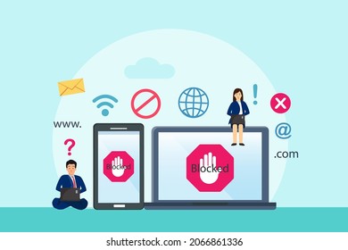 Blocked vector concept. Two people using laptop and cellphone with blocked internet site