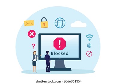 Blocked vector concept. Two people looking at computer monitor with blocked internet site