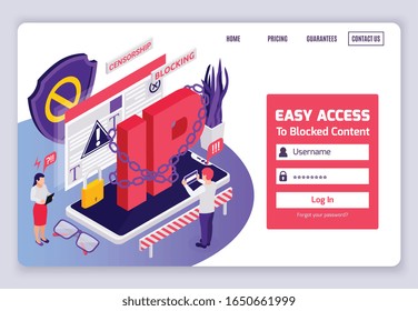 Blocked web page access internet censorship bypassing isometric website design with chained ip address login vector illustration 