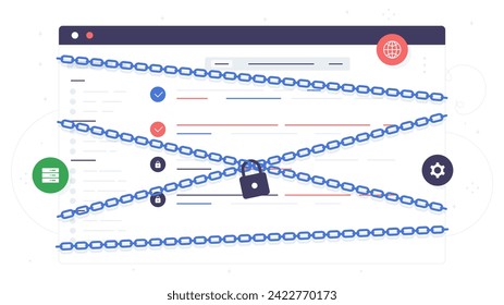 Blocked web page concept. Website window in chains. Forbidden address on internet. Online server and cloud service online. Cartoon flat vector illustration isolated on white background
