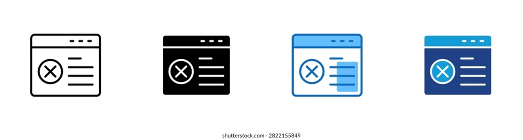 Blocked Webpage Multiple Style Icon Design Vector - Browser window with X mark representing blocked webpage, rejected online form, and cancelled digital content access