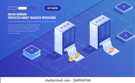 Blockhain Scheme, Mining Crypto Currency, Server Room, Powered Computers, Data Processing, Money Transaction In Internet Isometric Vector Technology