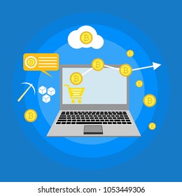 Blockhain scheme, mining crypto currency, server room, powered computers, data processing, money transaction in internet vector technology