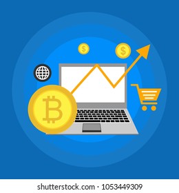 Esquema de bloqueo, moneda criptográfica de minería, sala de servidores, ordenadores alimentados, procesamiento de datos, transacciones de dinero en tecnología vectorial de Internet