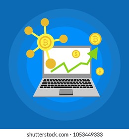 Blockhain scheme, mining crypto currency, server room, powered computers, data processing, money transaction in internet vector technology