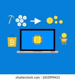 Blockhain scheme, mining crypto currency, server room, powered computers, data processing, money transaction in internet vector technology