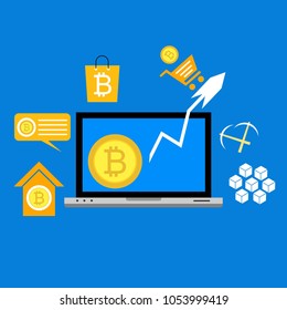 Blockhain scheme, mining crypto currency, server room, powered computers, data processing, money transaction in internet vector technology