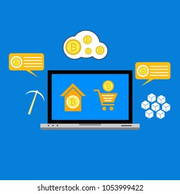 Blockhain scheme, mining crypto currency, server room, powered computers, data processing, money transaction in internet vector technology