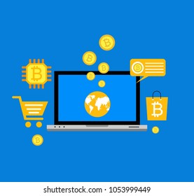 Blockhain scheme, mining crypto currency, server room, powered computers, data processing, money transaction in internet vector technology