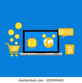 Blockhain scheme, mining crypto currency, server room, powered computers, data processing, money transaction in internet vector technology