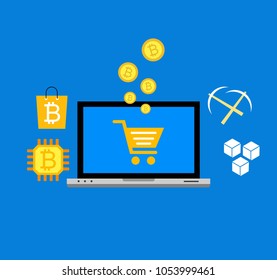 Blockhain scheme, mining crypto currency, server room, powered computers, data processing, money transaction in internet vector technology