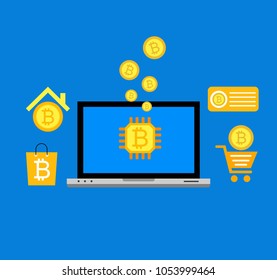 Blockhain scheme, mining crypto currency, server room, powered computers, data processing, money transaction in internet vector technology