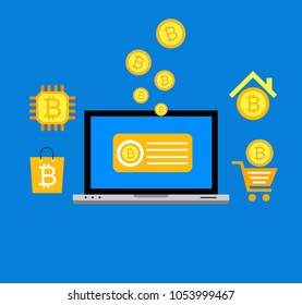 Blockhain scheme, mining crypto currency, server room, powered computers, data processing, money transaction in internet vector technology