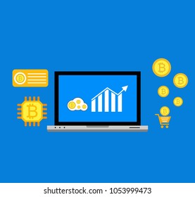 Blockhain scheme, mining crypto currency, server room, powered computers, data processing, money transaction in internet vector technology