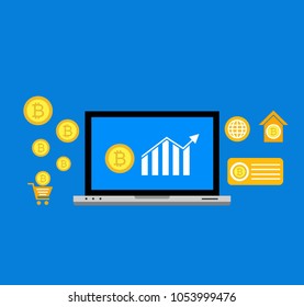 Blockhain scheme, mining crypto currency, server room, powered computers, data processing, money transaction in internet vector technology