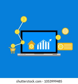 Blockhain scheme, mining crypto currency, server room, powered computers, data processing, money transaction in internet vector technology