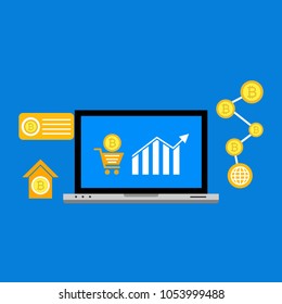 Blockhain scheme, mining crypto currency, server room, powered computers, data processing, money transaction in internet vector technology