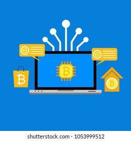 Blockhain scheme, mining crypto currency, server room, powered computers, data processing, money transaction in internet vector technology