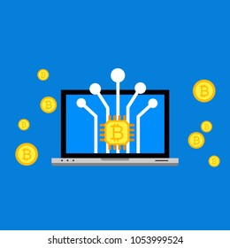 Blockhain scheme, mining crypto currency, server room, powered computers, data processing, money transaction in internet vector technology