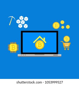 Blockhain scheme, mining crypto currency, server room, powered computers, data processing, money transaction in internet vector technology