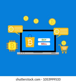 Blockhain scheme, mining crypto currency, server room, powered computers, data processing, money transaction in internet vector technology