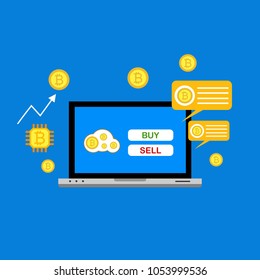 Blockhain scheme, mining crypto currency, server room, powered computers, data processing, money transaction in internet vector technology