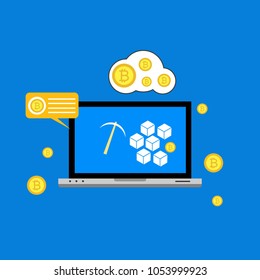 Blockhain scheme, mining crypto currency, server room, powered computers, data processing, money transaction in internet vector technology