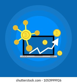 Blockhain scheme, mining crypto currency, server room, powered computers, data processing, money transaction in internet vector technology