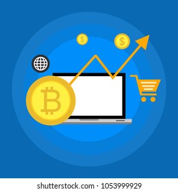 Blockhain scheme, mining crypto currency, server room, powered computers, data processing, money transaction in internet vector technology