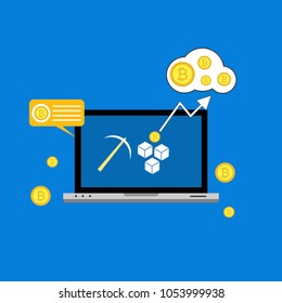 Blockhain scheme, mining crypto currency, server room, powered computers, data processing, money transaction in internet vector technology