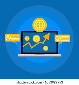 Blockhain scheme, mining crypto currency, server room, powered computers, data processing, money transaction in internet vector technology