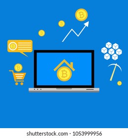Blockhain scheme, mining crypto currency, server room, powered computers, data processing, money transaction in internet vector technology