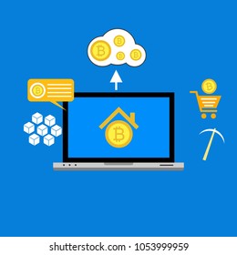 Blockhain scheme, mining crypto currency, server room, powered computers, data processing, money transaction in internet vector technology