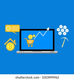 Blockhain scheme, mining crypto currency, server room, powered computers, data processing, money transaction in internet vector technology
