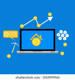 Blockhain scheme, mining crypto currency, server room, powered computers, data processing, money transaction in internet vector technology