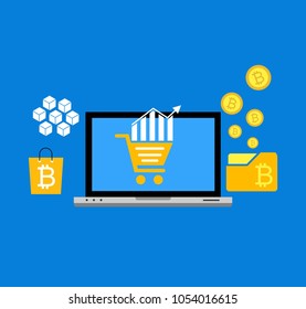 Blockhain scheme, mining crypto currency, server room, powered computers, data processing, money transaction in internet vector technology