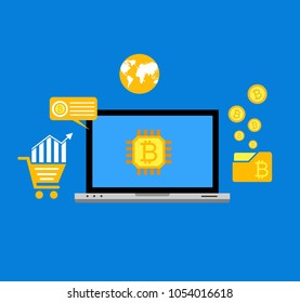 Blockhain scheme, mining crypto currency, server room, powered computers, data processing, money transaction in internet vector technology