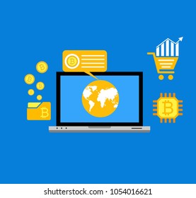 Blockhain scheme, mining crypto currency, server room, powered computers, data processing, money transaction in internet vector technology