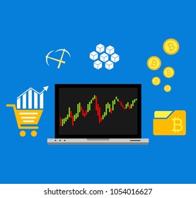 Blockhain scheme, mining crypto currency, server room, powered computers, data processing, money transaction in internet vector technology