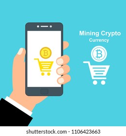 Blockhain scheme, mining crypto currency, server room, powered computers, data processing, money transaction in internet vector technology