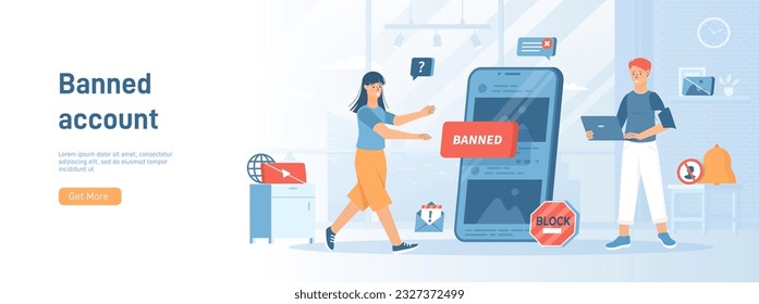 Bloqueo, cuenta de usuario prohibida en medios sociales. Error, acceso denegado. Seguridad de cuentas y seguridad. Concepto plano para material promocional en medios sociales. Banner del sitio web sobre fondo blanco.