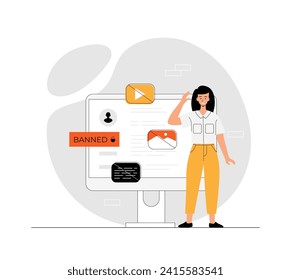 Bloqueo, cuenta de usuario prohibida en medios sociales. Error, acceso denegado. Seguridad de cuentas y seguridad. Ilustración con la escena de personas en diseño plano para el desarrollo de sitios web y móviles.	
