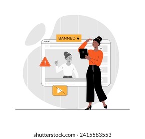 Bloqueo, cuenta de usuario prohibida en medios sociales. Error, acceso denegado. Seguridad de cuentas y seguridad. Ilustración con la escena de personas en diseño plano para el desarrollo de sitios web y móviles.	
