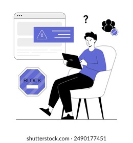 Bloquear la Cuenta de los usuarios en las redes sociales. Error, acceso denegado. Cuenta de seguridad y protección. Ilustración vectorial con gente de la línea para el Diseño web.	
