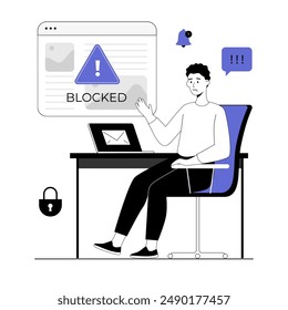 Blocking, banned user account on social media. Error, access is denied. Account safety and secure. Vector illustration with line people for web design.	
