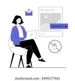 Blocking, banned user account on social media. Error, access is denied. Account safety and secure. Vector illustration with line people for web design.	
