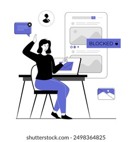 Blocking, banned user account on social media. Error, access is denied. Account safety and secure. Vector illustration with line people for web design.	
