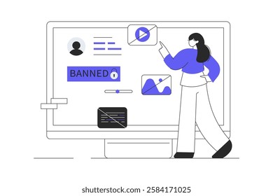 Blocking, banned user account on social media. Error, access is denied. Account safety and secure. Flat Cartoon Vector Illustration, icon. Stylish abstract 