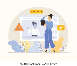 Blocking, banned user account on social media. Error, access is denied. Account safety and secure. Flat vector illustration.	