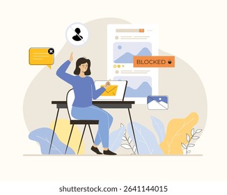 Blocking, banned user account on social media. Error, access is denied. Account safety and secure. Flat vector illustration.